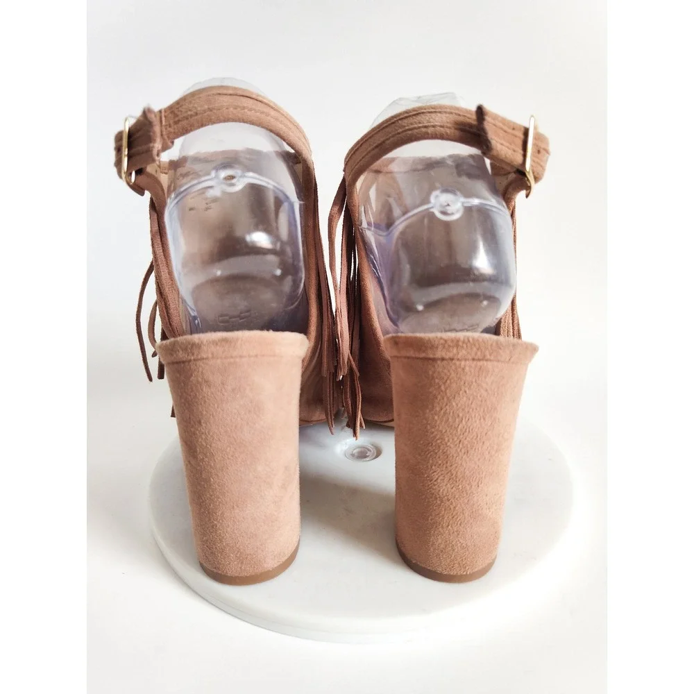 Vince Camuto Sandals 8 Fringe Block Heel Tan Suede Boho Western Tassel Peep Toe